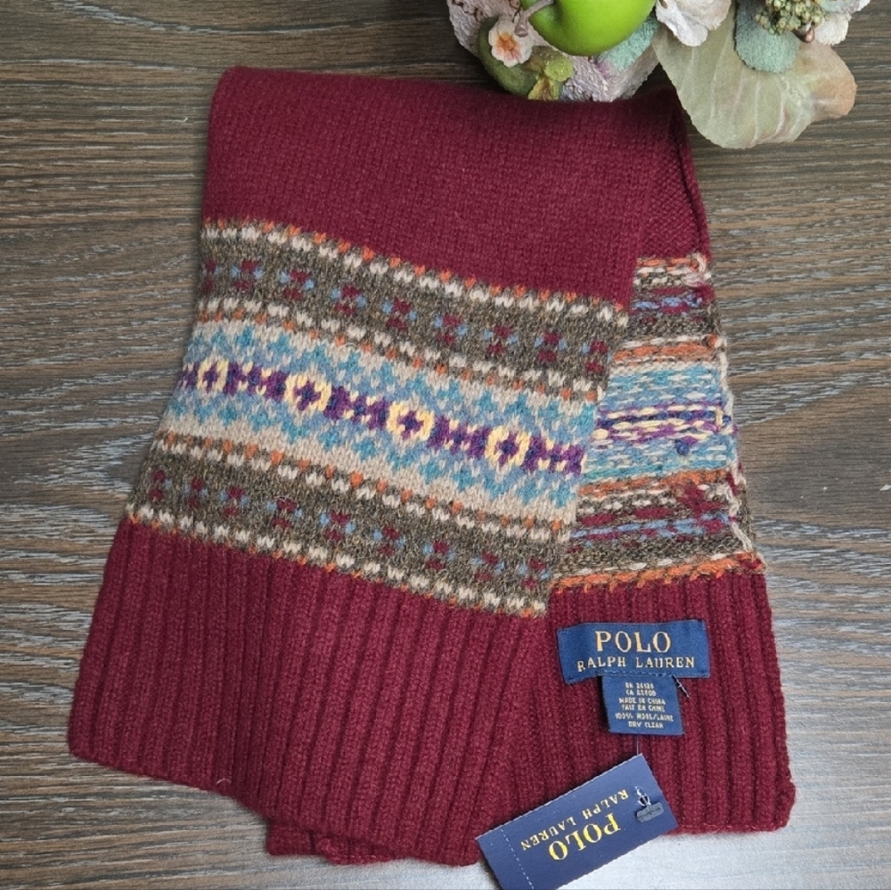 NWT Polo Ralph Lauren Maroon Burgundy Knit Scarf Fair Isle details Handknit